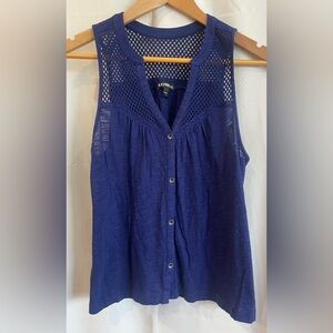 Express Women's Blue Sleeveless Buttoned Top with Mesh Detail